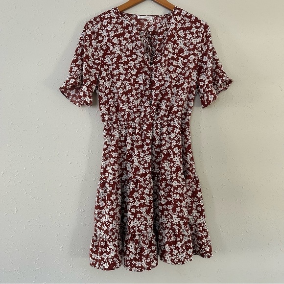 🦋 Kirundo Brown Blue Floral Short Sleeve Mini Dress Medium - Picture 1 of 7